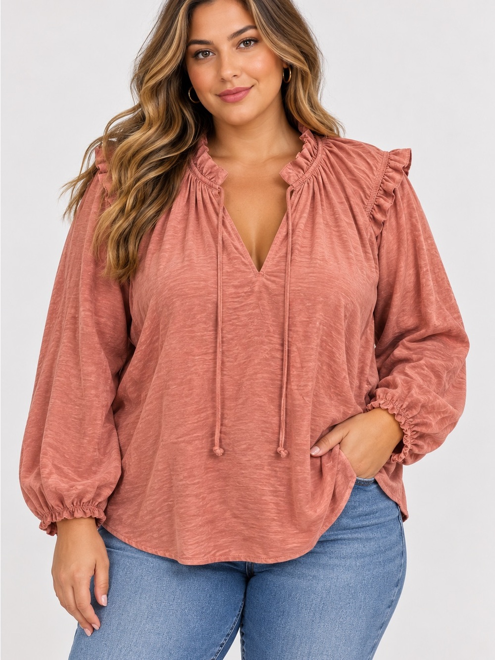 BUNDLE OF 2 Knox Rose Ruffle-Trim V-Neck Long Sleeve Tops - Rose & Black